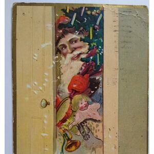 Santa Claus Christmas Postcard 1910 Handful Of Toys Peeks Through Opened Door